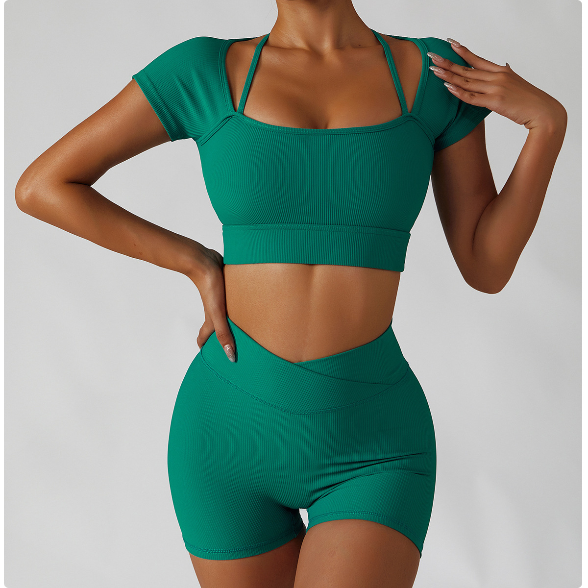 CONJUNTO DEPORTIVO MANGA CORTA CON SHORT SIN COSTURA - 1