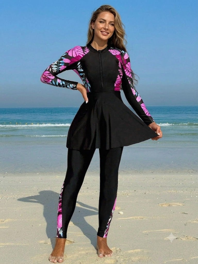 TRAJE DE BAÑO COMPLETO MANGA LARGA FALDA PARA MUJER - 1