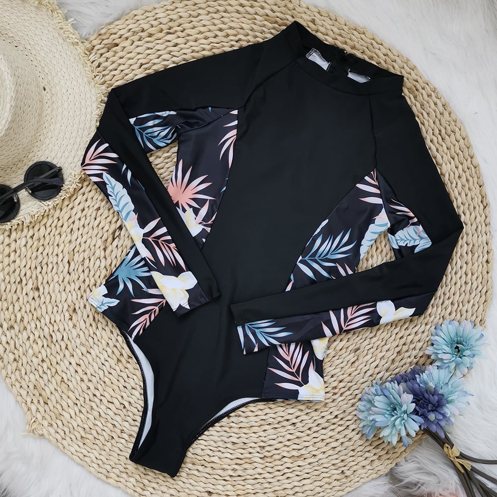 TRAJE DE MANGA LARGA PARA NATACIÓN DEEP BLACK CON FLORES - 3