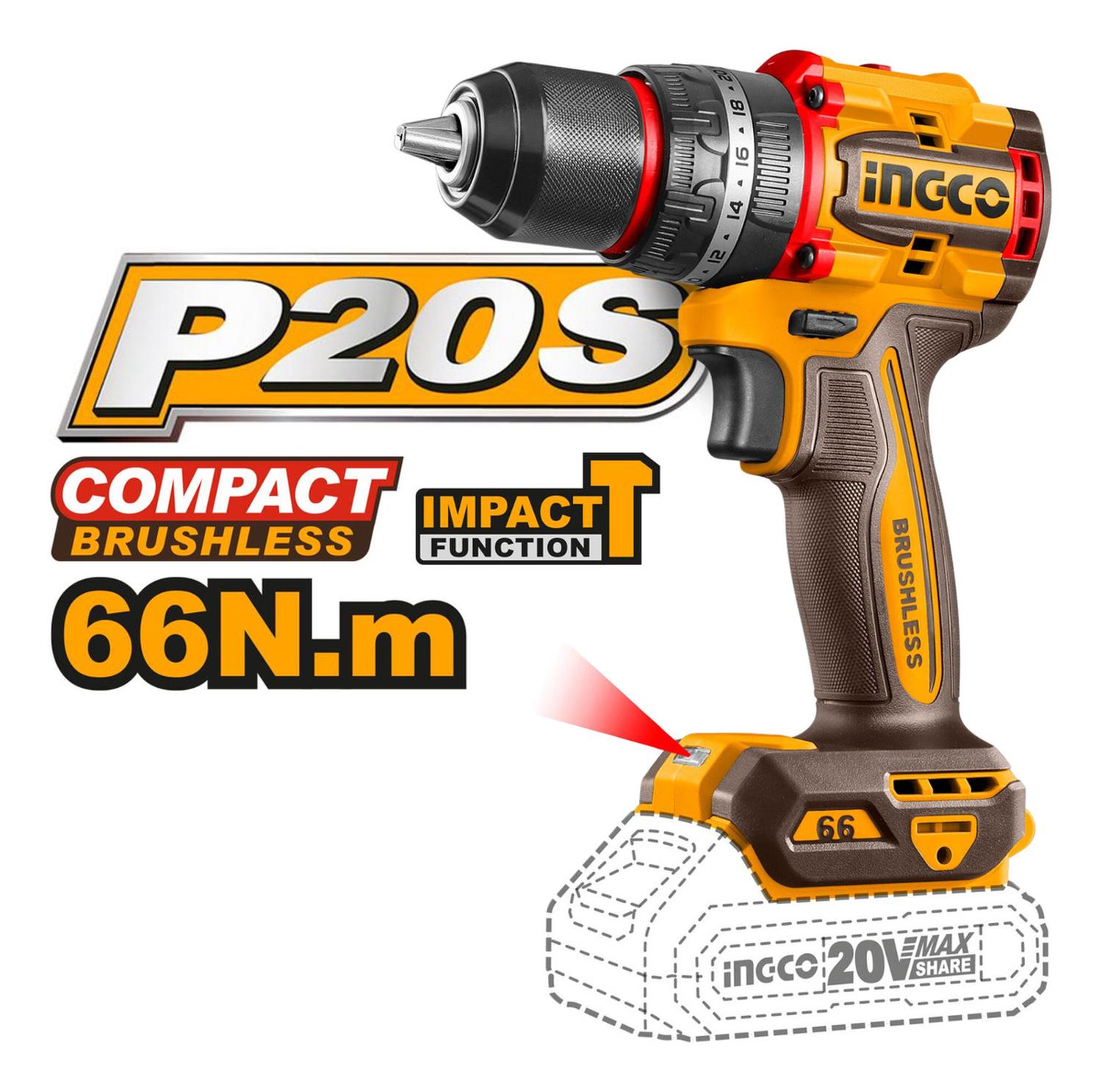 TALADRO INGCO CIDLI20668 PERCUTOR 66NM INDUSTRIAL + 2 BATERIAS 2AH - 6