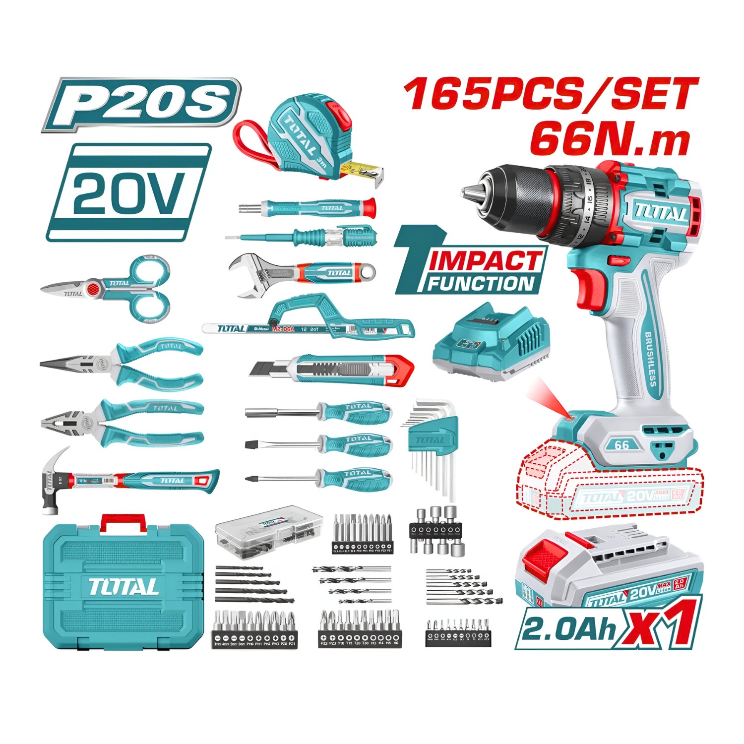 TALADRO PERCUTOR 66NM 20V + 165 HERRAMIENTAS TOTAL - 2