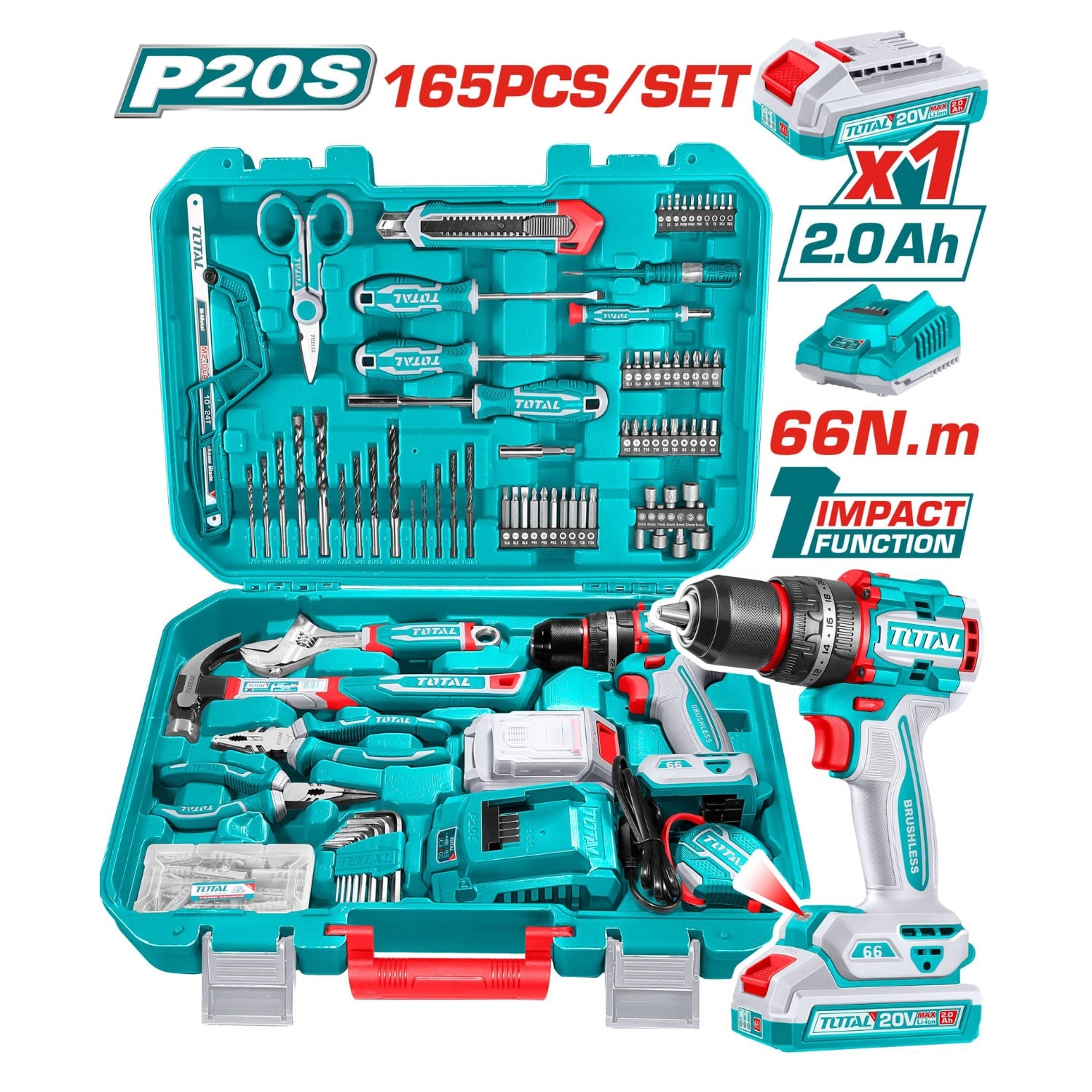 TALADRO PERCUTOR 66NM 20V + 165 HERRAMIENTAS TOTAL - 3