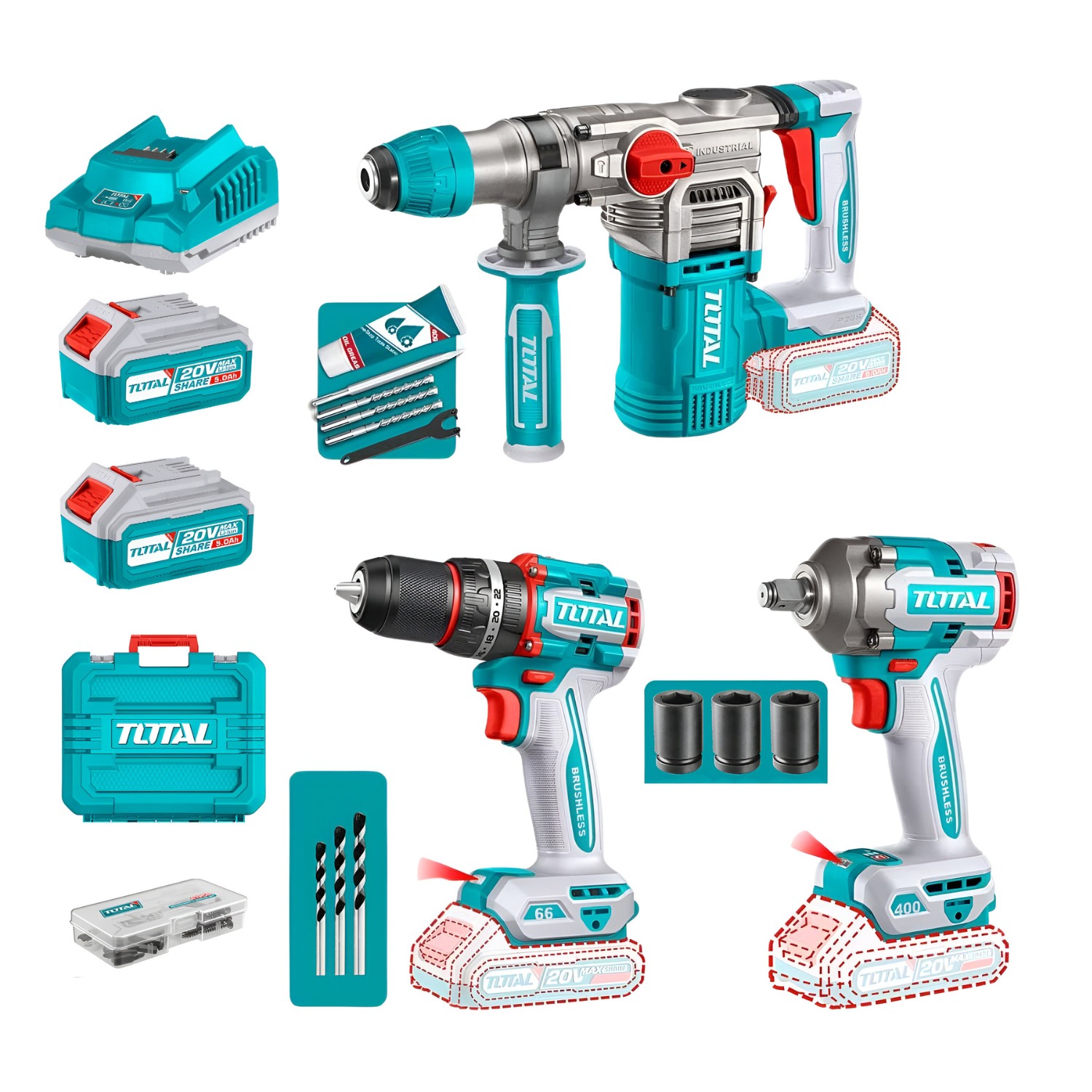 COMBO TALADRO PERCUTOR 66NM + LLAVE DE IMPACTO 400NM + ROTOMARTILLO 20V INALAMBRICO TOTAL - 1