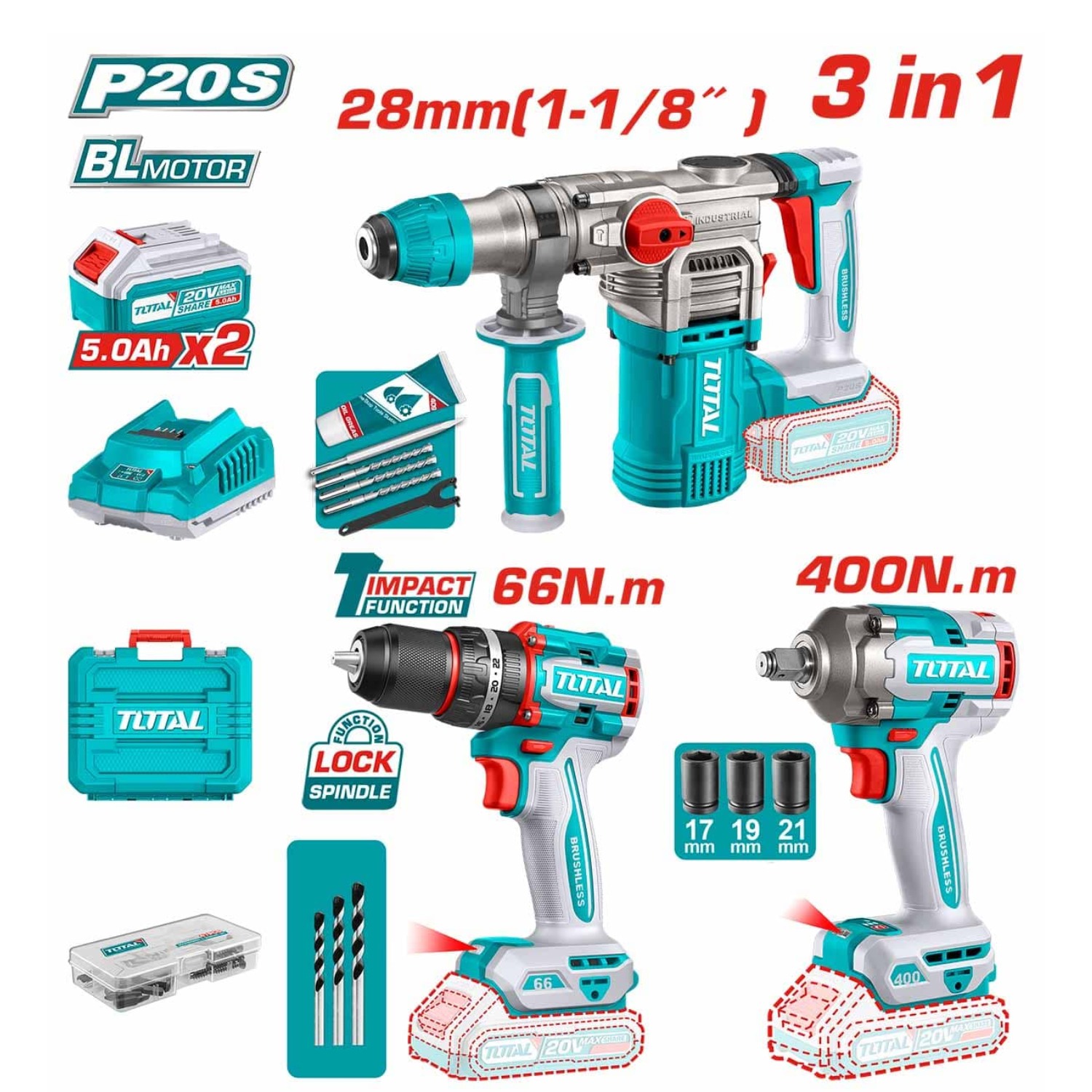 COMBO TALADRO PERCUTOR 66NM + LLAVE DE IMPACTO 400NM + ROTOMARTILLO 20V INALAMBRICO TOTAL - 2