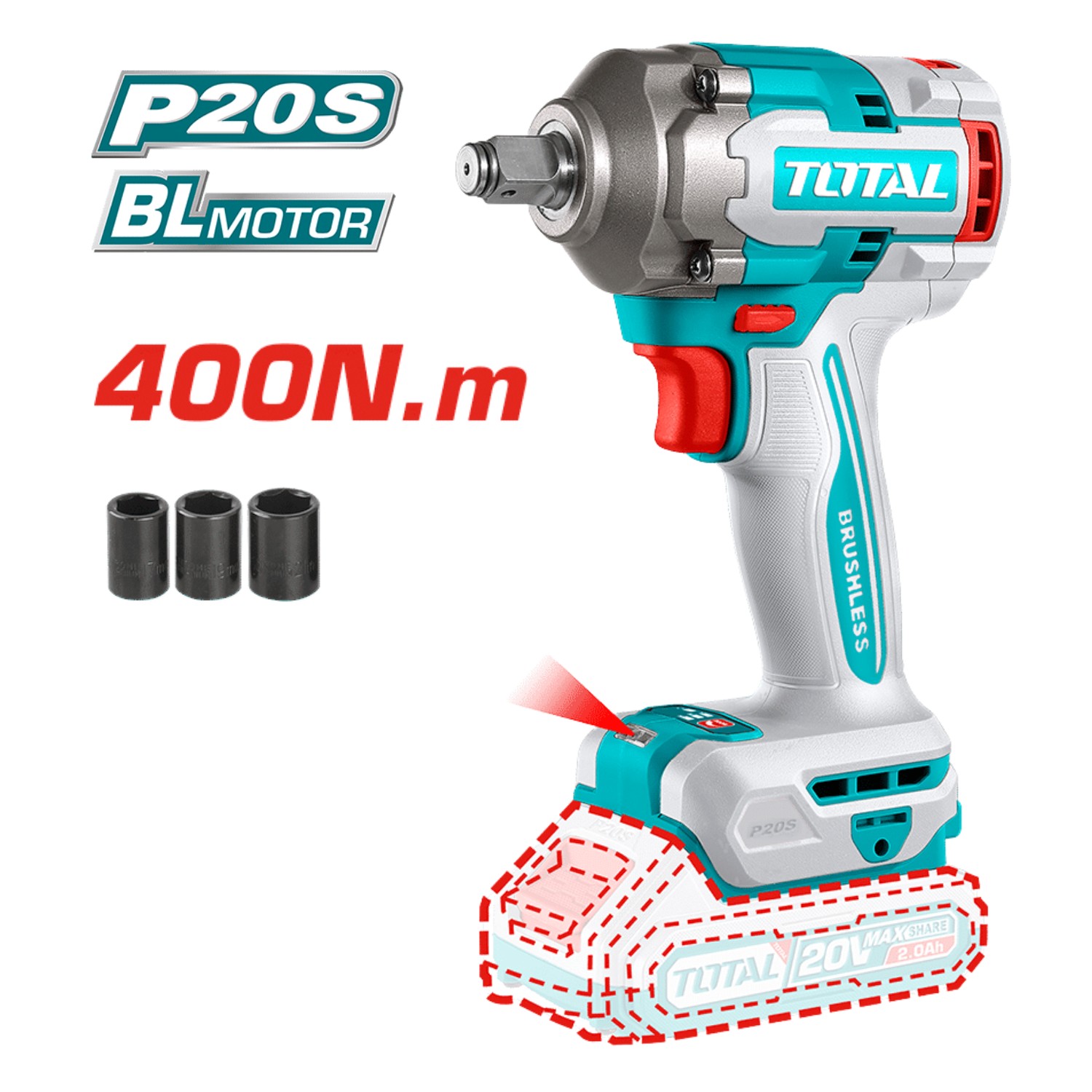 COMBO TALADRO PERCUTOR 66NM + LLAVE DE IMPACTO 400NM + ROTOMARTILLO 20V INALAMBRICO TOTAL - 4