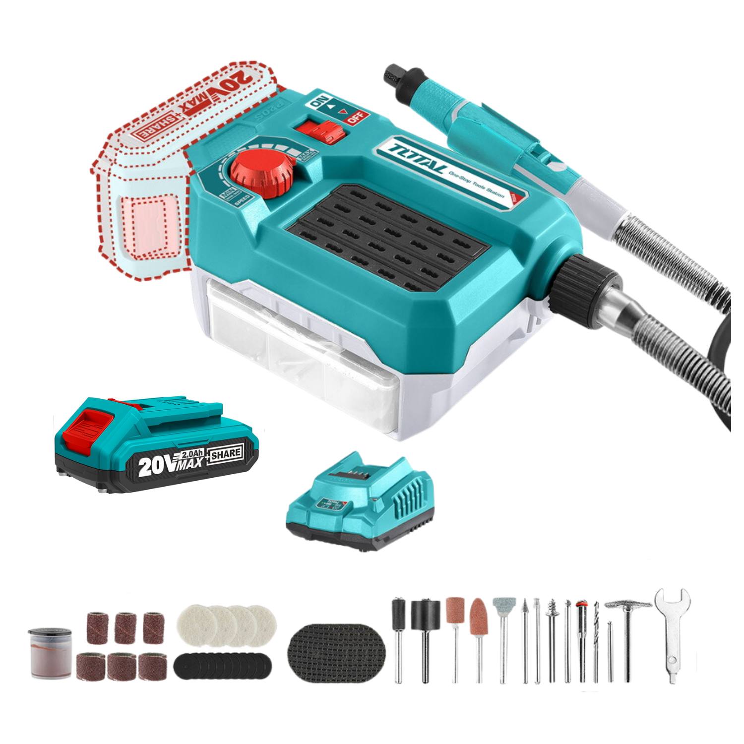 MINI GRINDER AMOLADORA CON 40 PIEZAS 20V BATERÍA 2AH Y CARGADOR TOTAL - 1