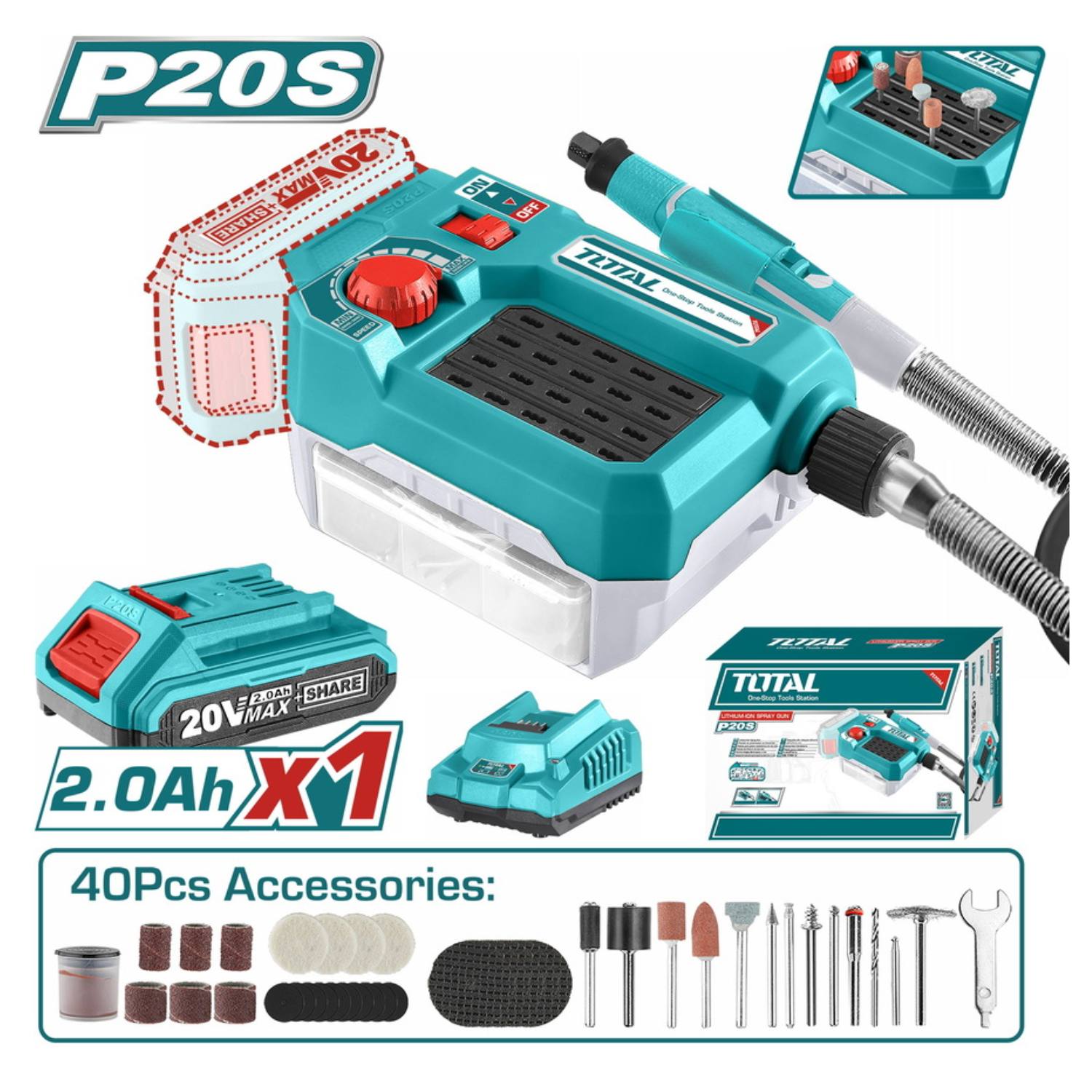 MINI GRINDER AMOLADORA CON 40 PIEZAS 20V BATERÍA 2AH Y CARGADOR TOTAL - 5