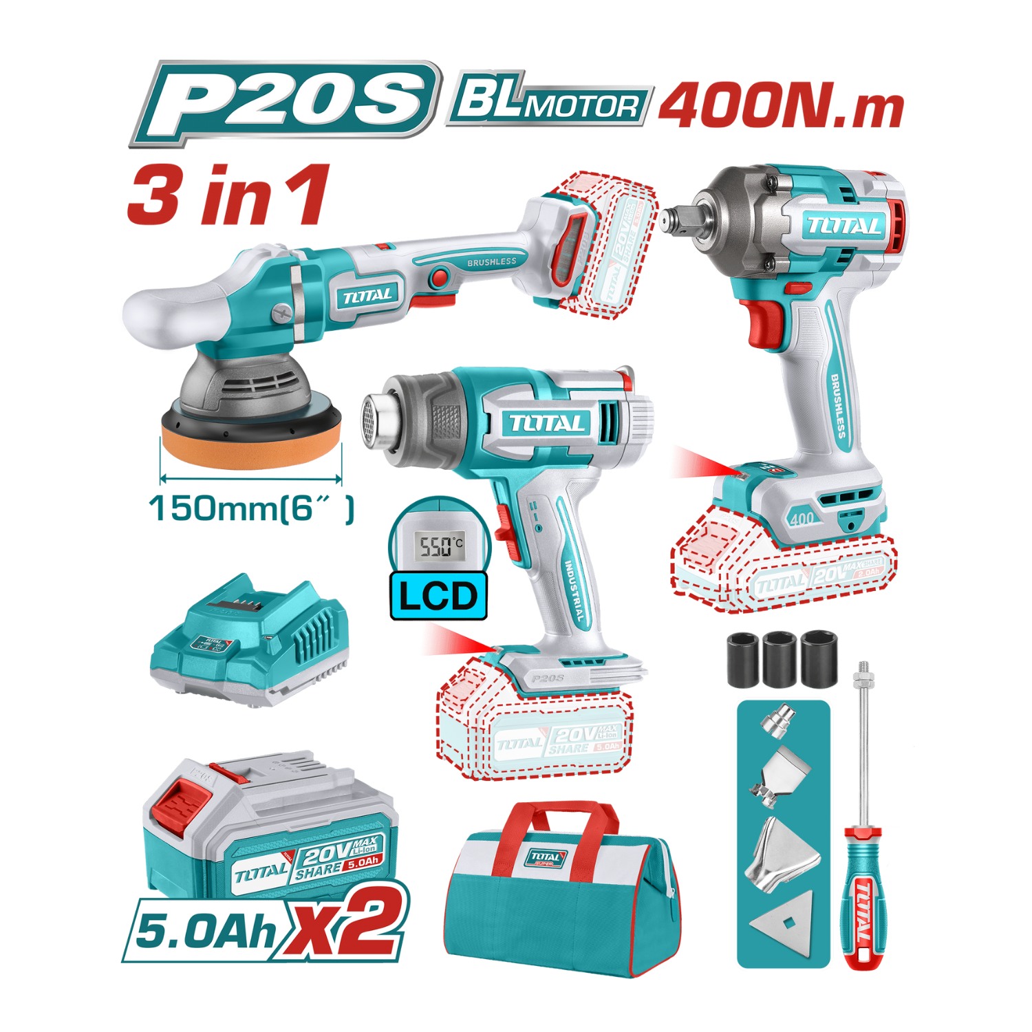 COMBO LLAVE DE IMPACTO + PISTOLA DE CALOR + PULIDORA INDUSTRIAL TOTAL - 2