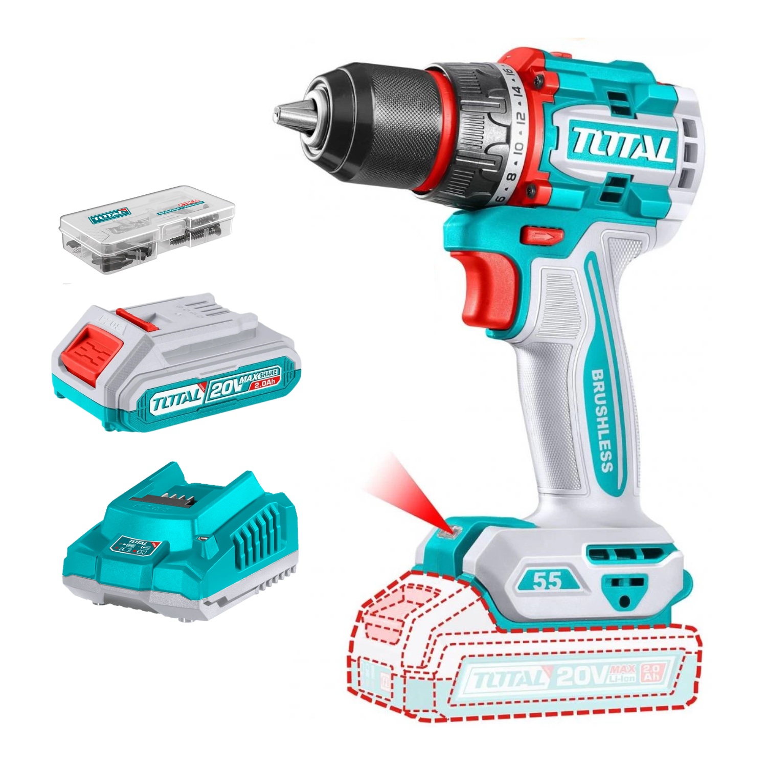 TALADRO ATORNILLADOR 55NM 20V INCLUYE BATERÍA Y CARGADOR TOTAL - 1