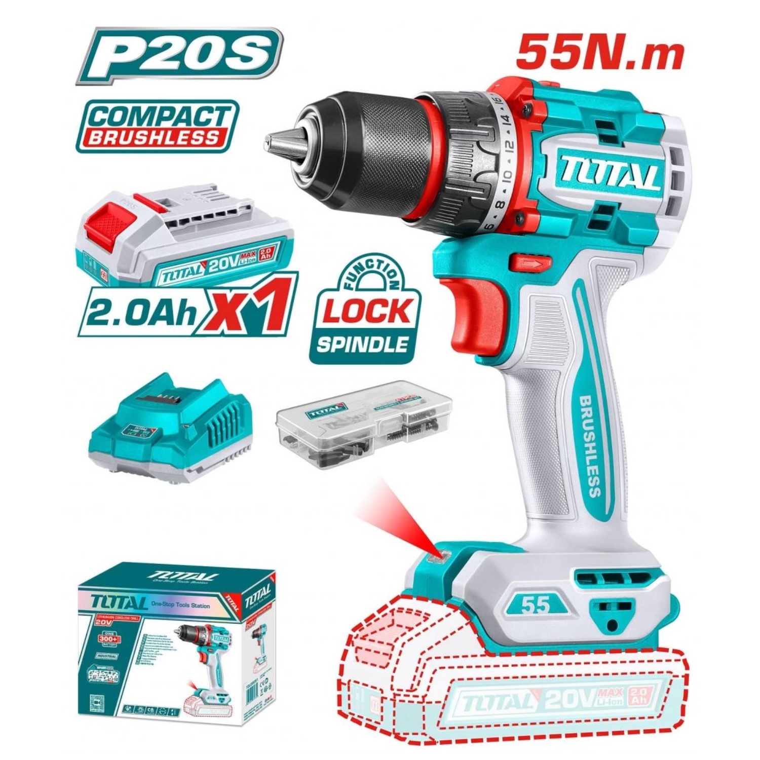 TALADRO ATORNILLADOR 55NM 20V INCLUYE BATERÍA Y CARGADOR TOTAL - 2
