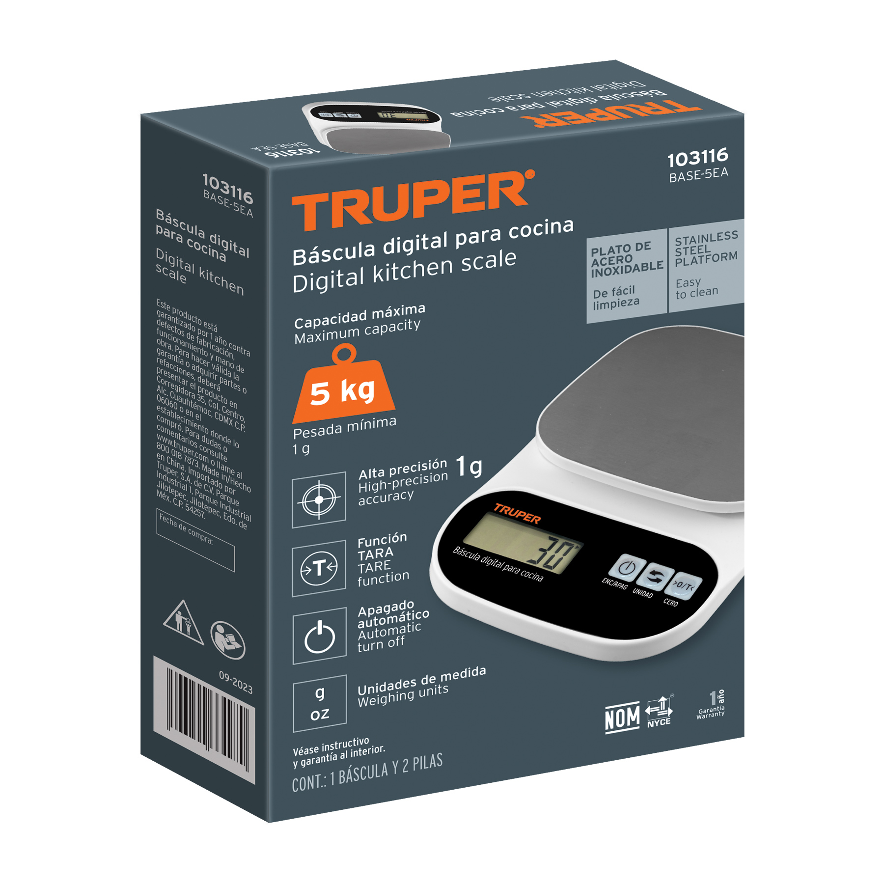 BALANZA DIGITAL PARA COCINA PLATO DE ACERO INOX 5KG TRUPER - 4
