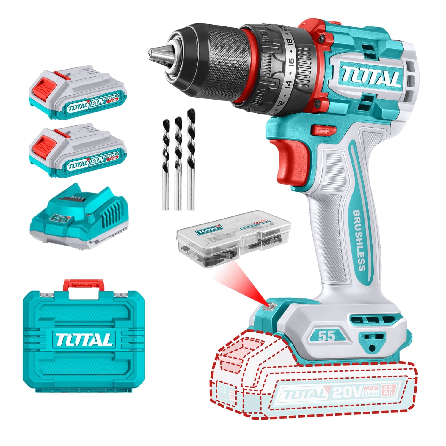 TALADRO PERCUTOR 55NM + 2 BATERÍAS Y CARGADOR TOTAL - 1