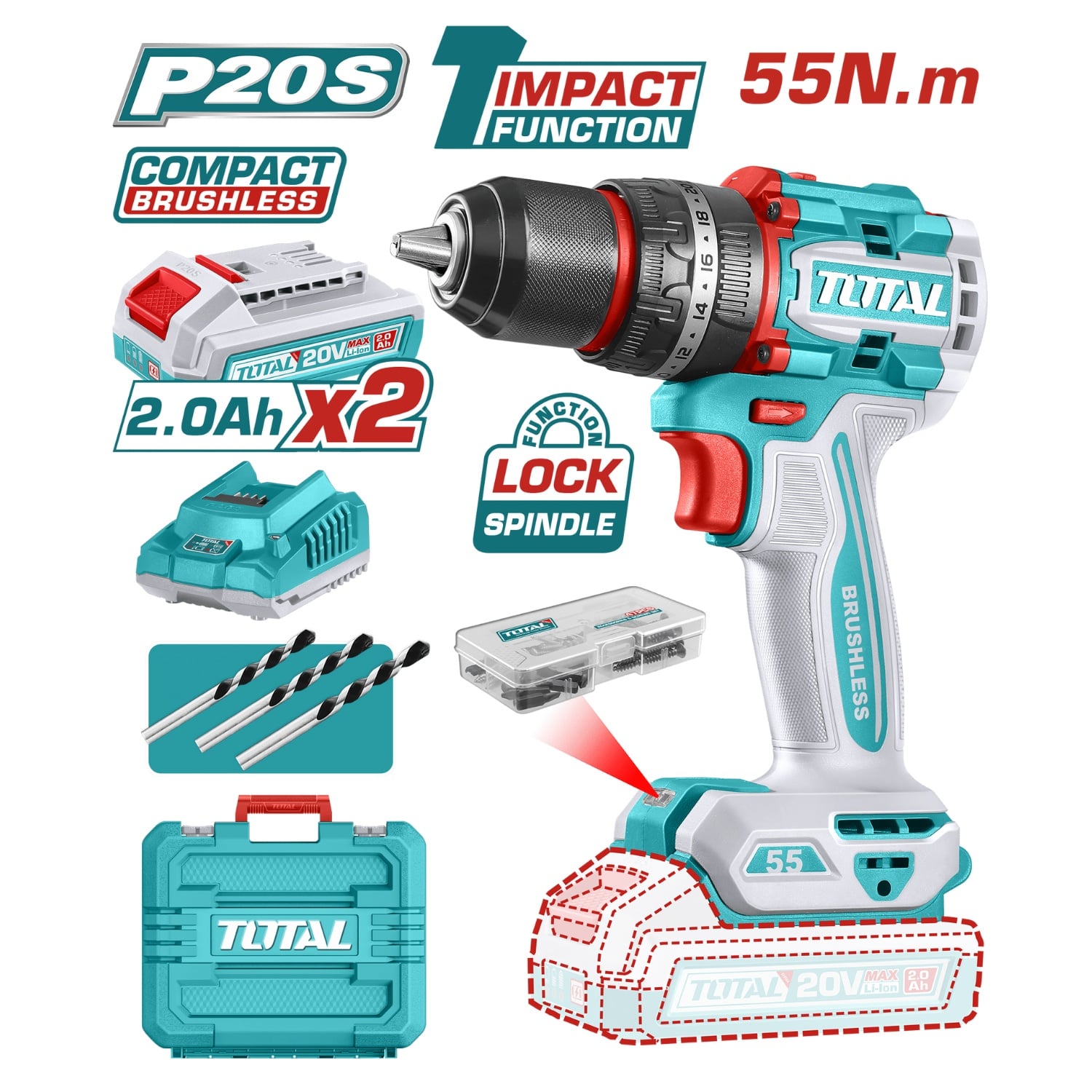 TALADRO PERCUTOR 55NM + 2 BATERÍAS Y CARGADOR TOTAL - 2
