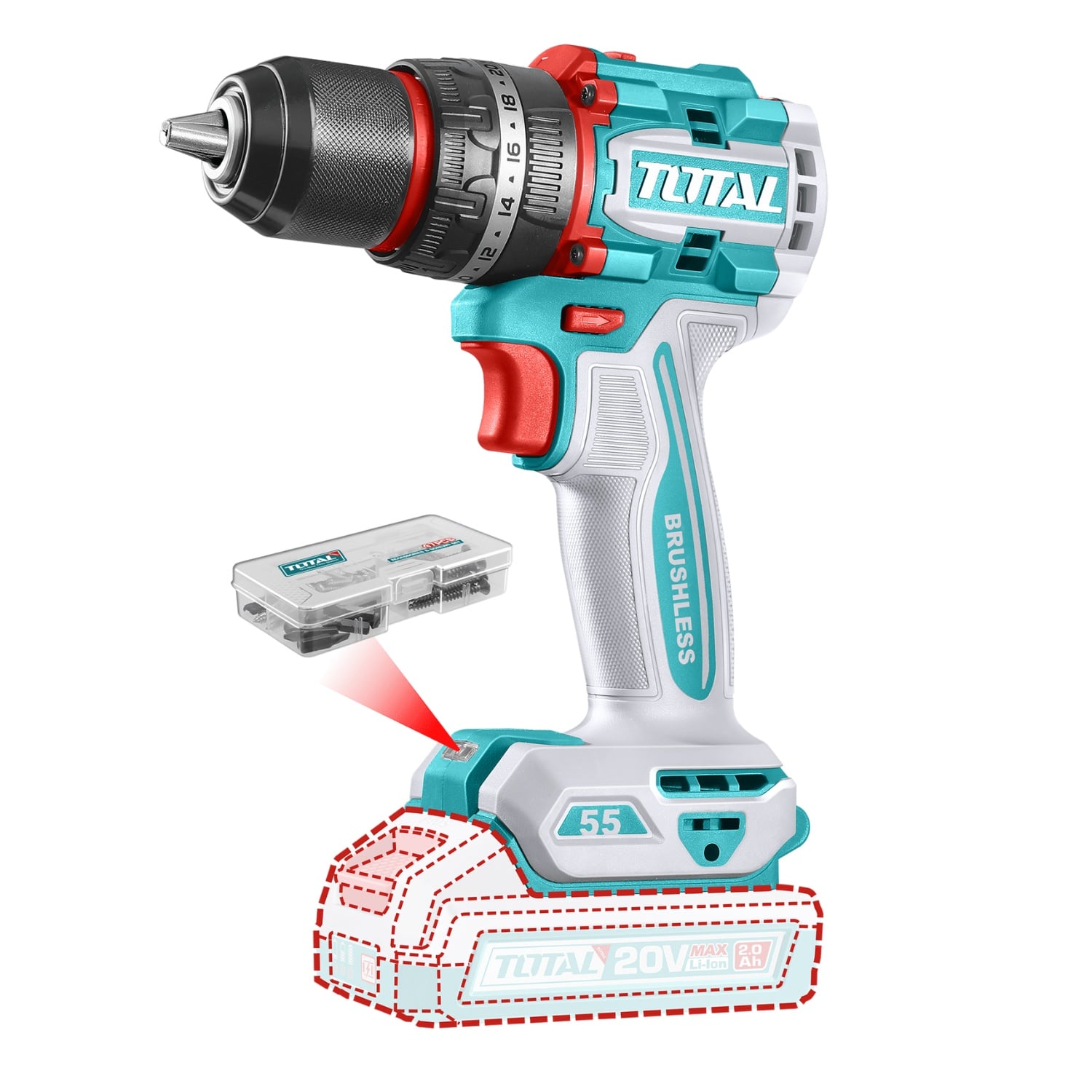 TALADRO PERCUTOR 55NM + 2 BATERÍAS Y CARGADOR TOTAL - 3