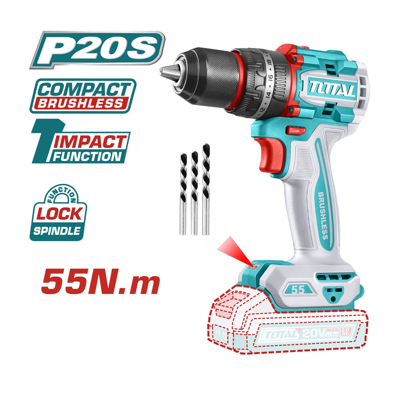TALADRO PERCUTOR 55NM + 2 BATERÍAS Y CARGADOR TOTAL - 4