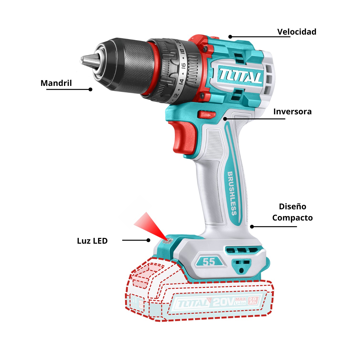 TALADRO PERCUTOR 55NM + 2 BATERÍAS Y CARGADOR TOTAL - 5