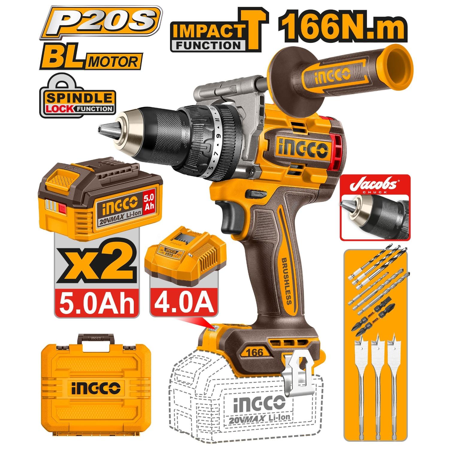 TALADRO PERCUTOR 166NM + 2 BATERIAS 5AMP Y 1 CARGADOR 20V INGCO - 2