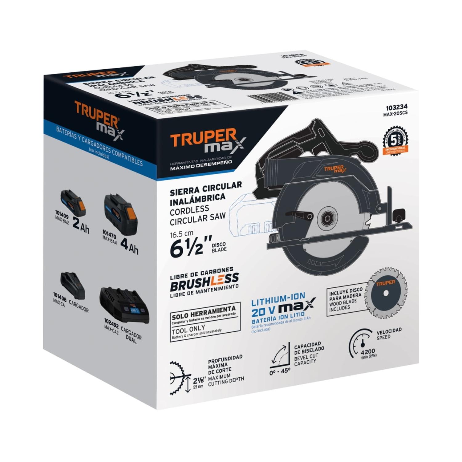 SIERRA CIRCULAR 6-1/2' 20V (SOLO CUERPO) TRUPER MAX - 4