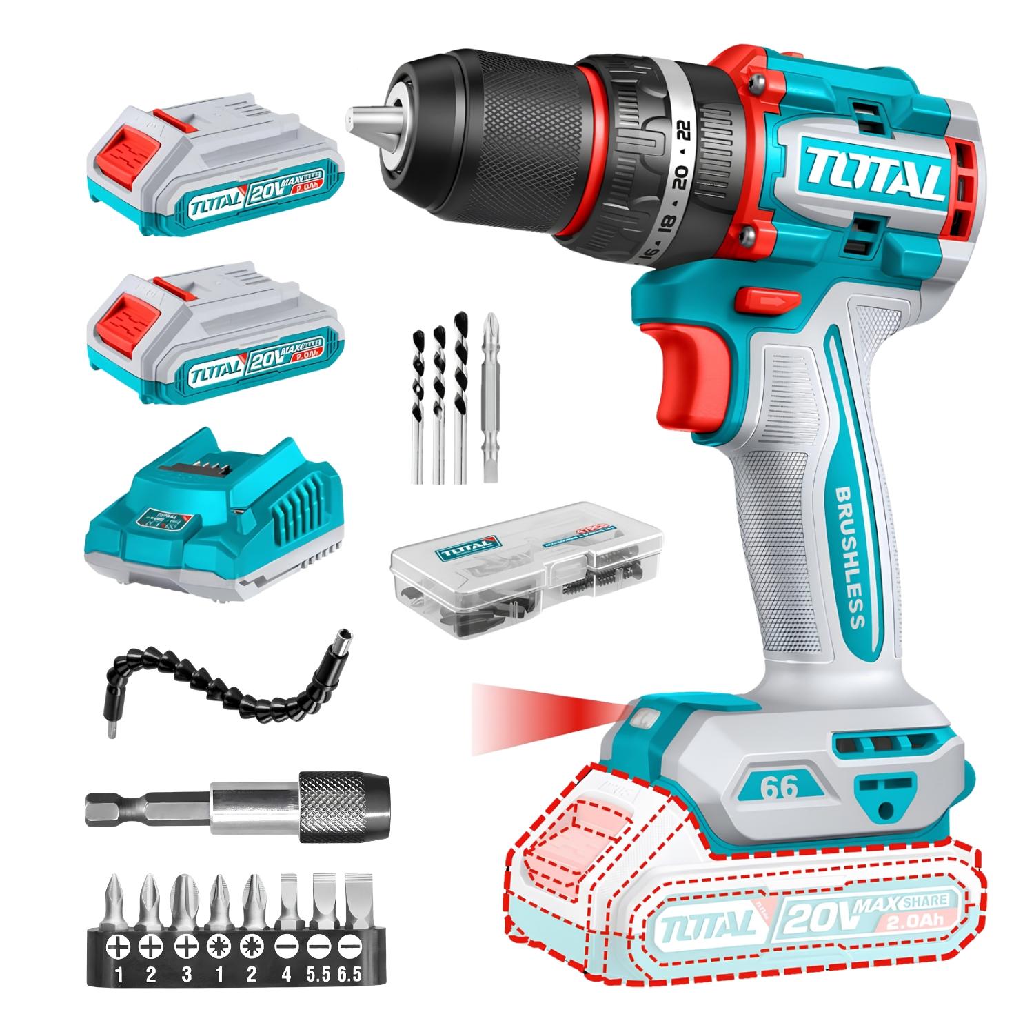 TALADRO ATORNILLADOR 66NM + 2 BAT 2AH 20V + ACCESORIOS TOTAL - 1