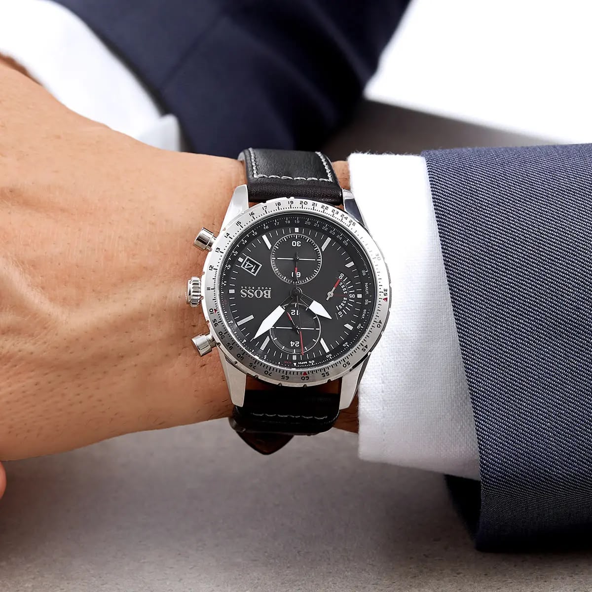 RELOJ HUGO BOSS PILOT CORREA CUERO NEGRO CRONOGRAFO - 9