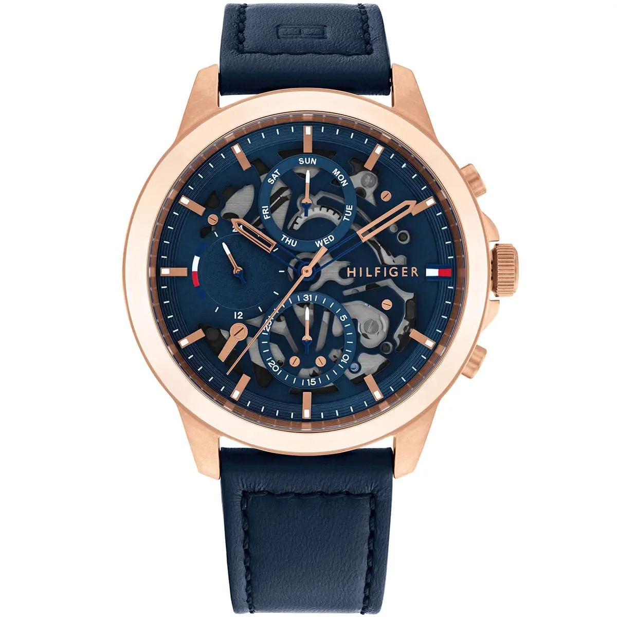 RELOJ TOMMY HILFIGER MODELO HENRY ORO ROSA Y CORREA CUERO AZUL - 1