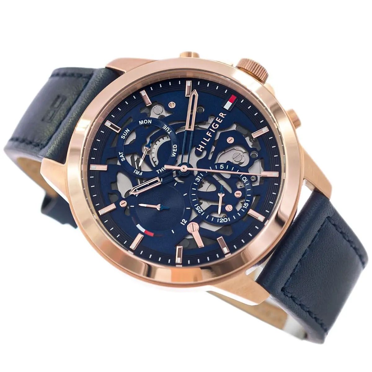 RELOJ TOMMY HILFIGER MODELO HENRY ORO ROSA Y CORREA CUERO AZUL - 4