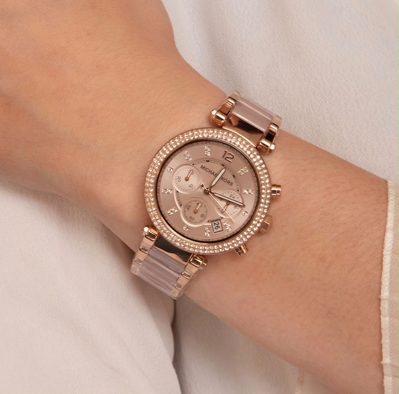 RELOJ MICHAEL KORS PARKER ORO ROSA CON CERAMICA ROSADA - 4