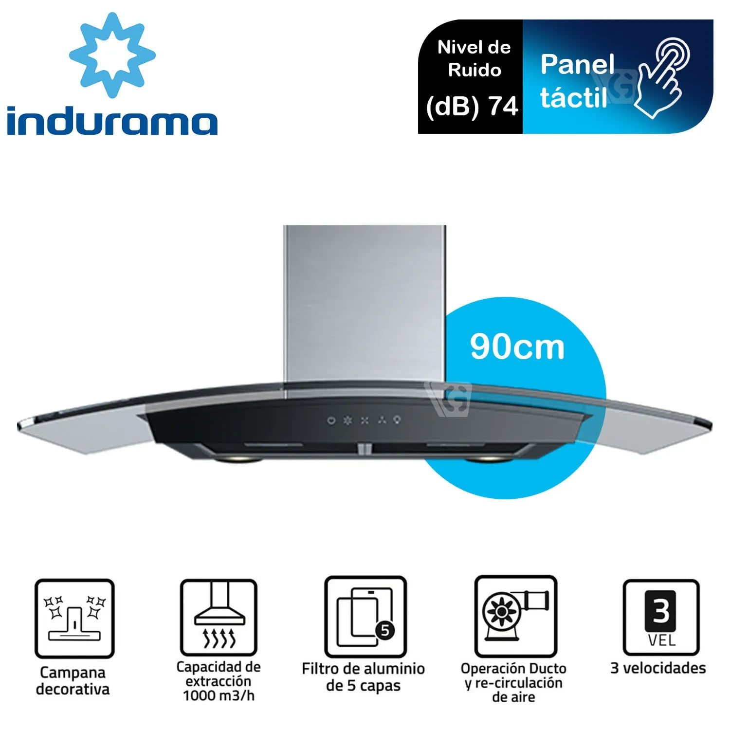 CAMPANA INDURAMA 90 CM EXTRACTORA TIPO CHIMENEA CEI-90NEVC - 1