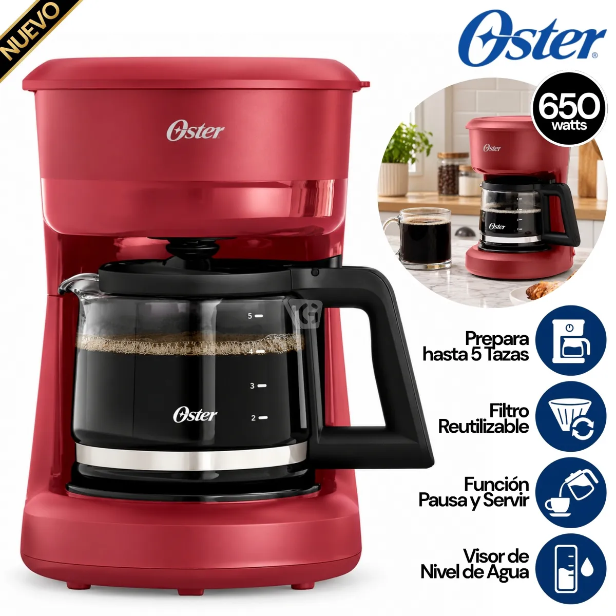 CAFETERA DE FILTRO REUTILIZABLE OSTER BVSTDCS51R 5TZ ROJA - 1
