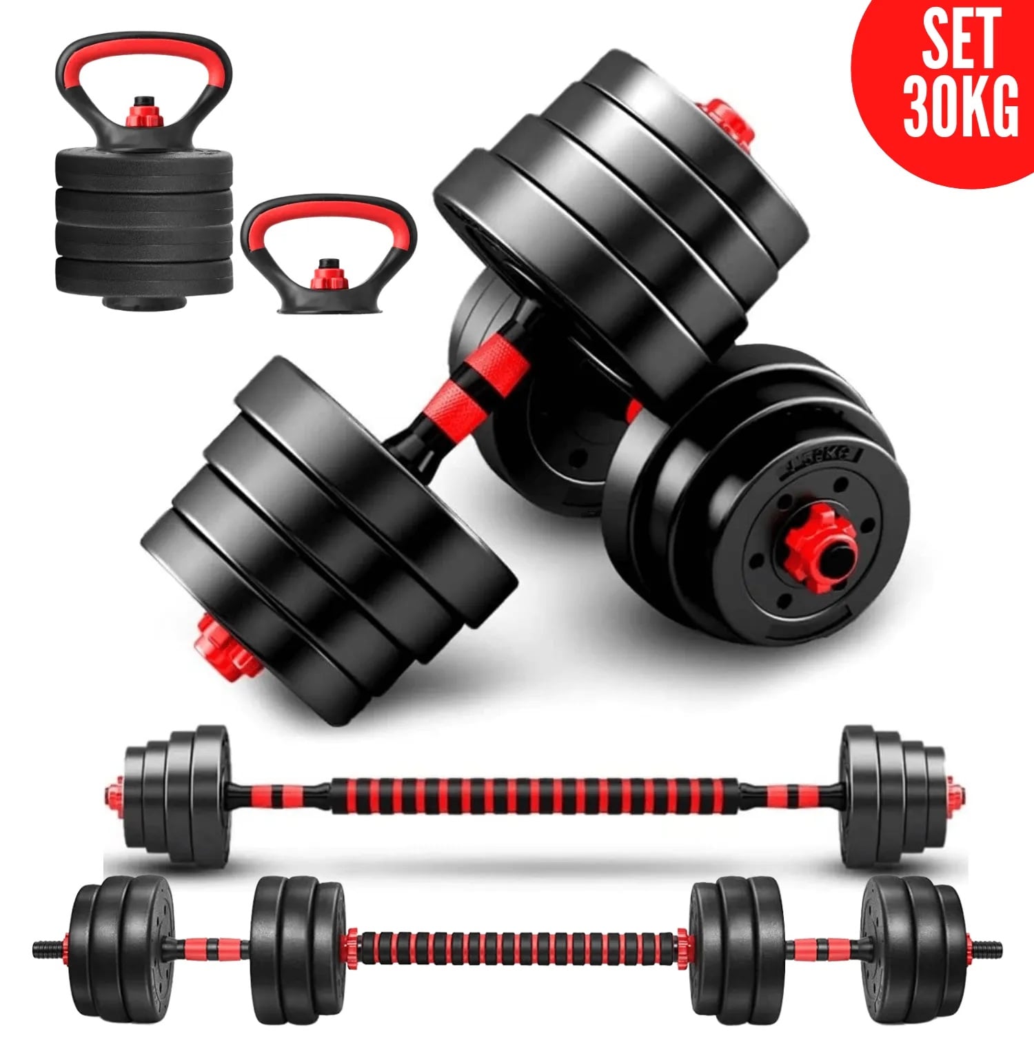 MANCUERNAS SET DE 30 KG CONVERTIBLES + BARRA + ASAS - 1
