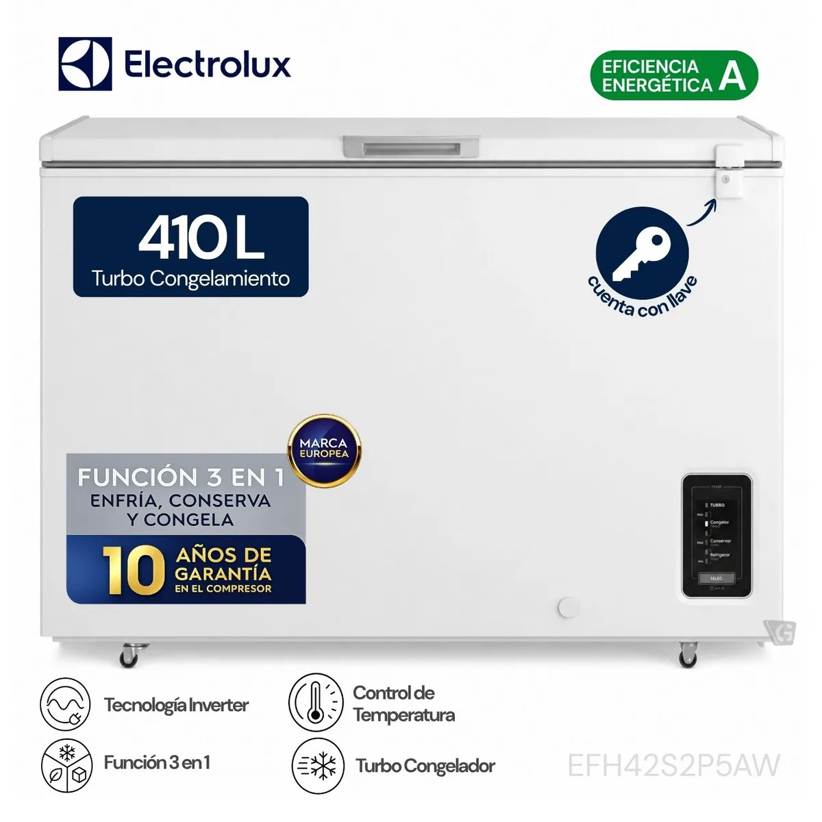 CONGELADOR HORIZONTAL ELECTROLUX 410L INVERTER BLANCO CON FUNCIÓN TURBO EFH42S2P5AW - 1