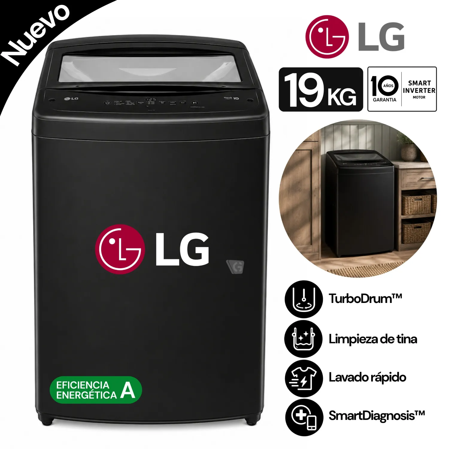 LAVADORA LG 19 KG TURBODRUM CARGA SUPERIOR ONYX NEGRO WT19OBVTB - 1