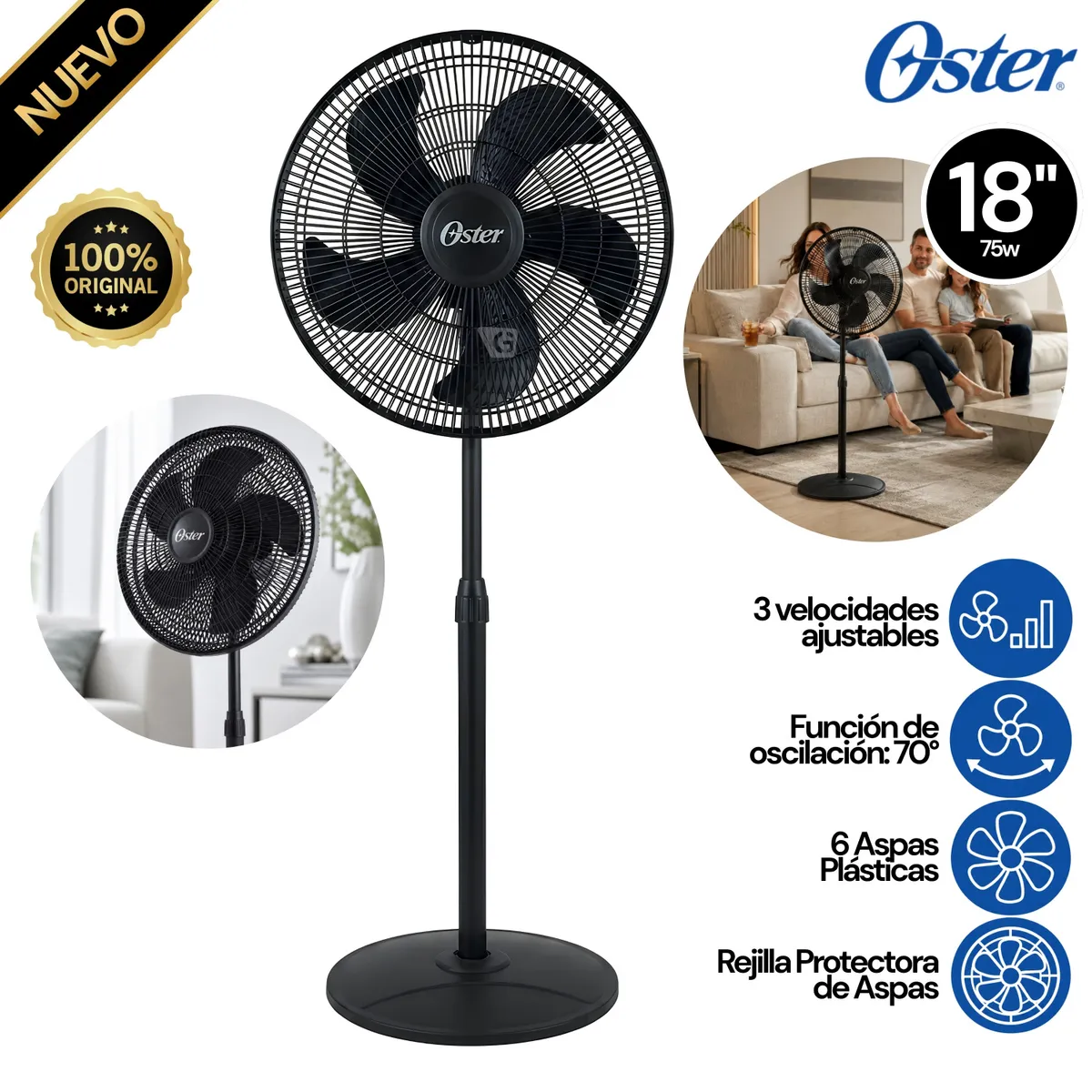 VENTILADOR OSTER DE PEDESTAL 18' 75 WATTS 3 VELOCIDADES EOSVELIST1631 - 1