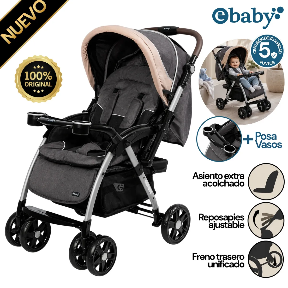 COCHE CUNA YODIE EBABY 1142-2 NEGRO - 1