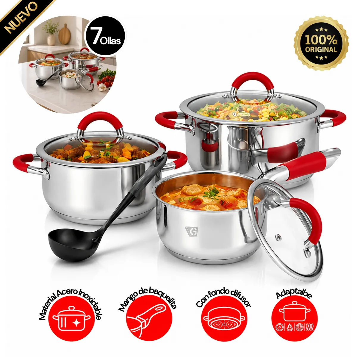 JUEGO DE OLLAS MIRAY JOM-506R 7 PZAS ACERO INOX - 1