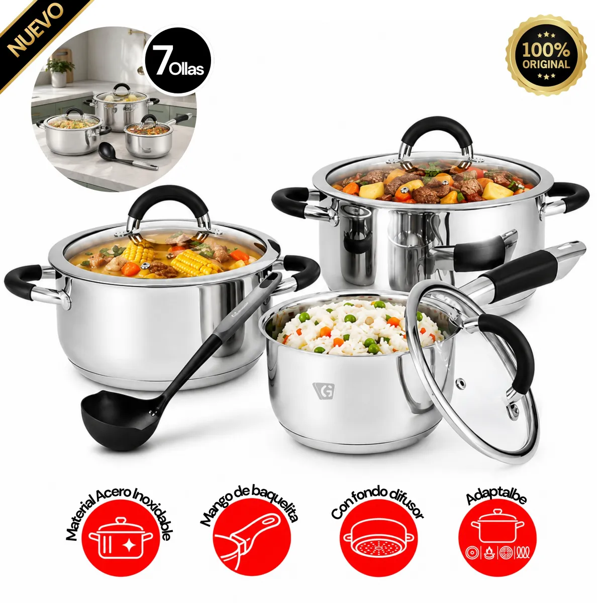 JUEGO DE OLLAS MIRAY JOM-506N 7 PZAS ACERO INOX - 1