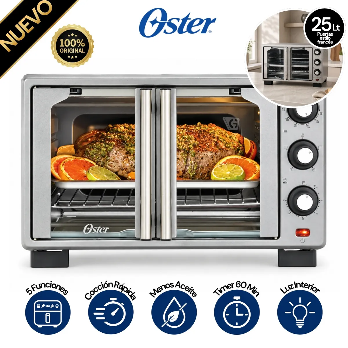 HORNO CON FREIDORA DE AIRE OSTER® DE 25 LITROS, PUERTAS FRANCESAS, TSSTTV25FDMAFNS - 1