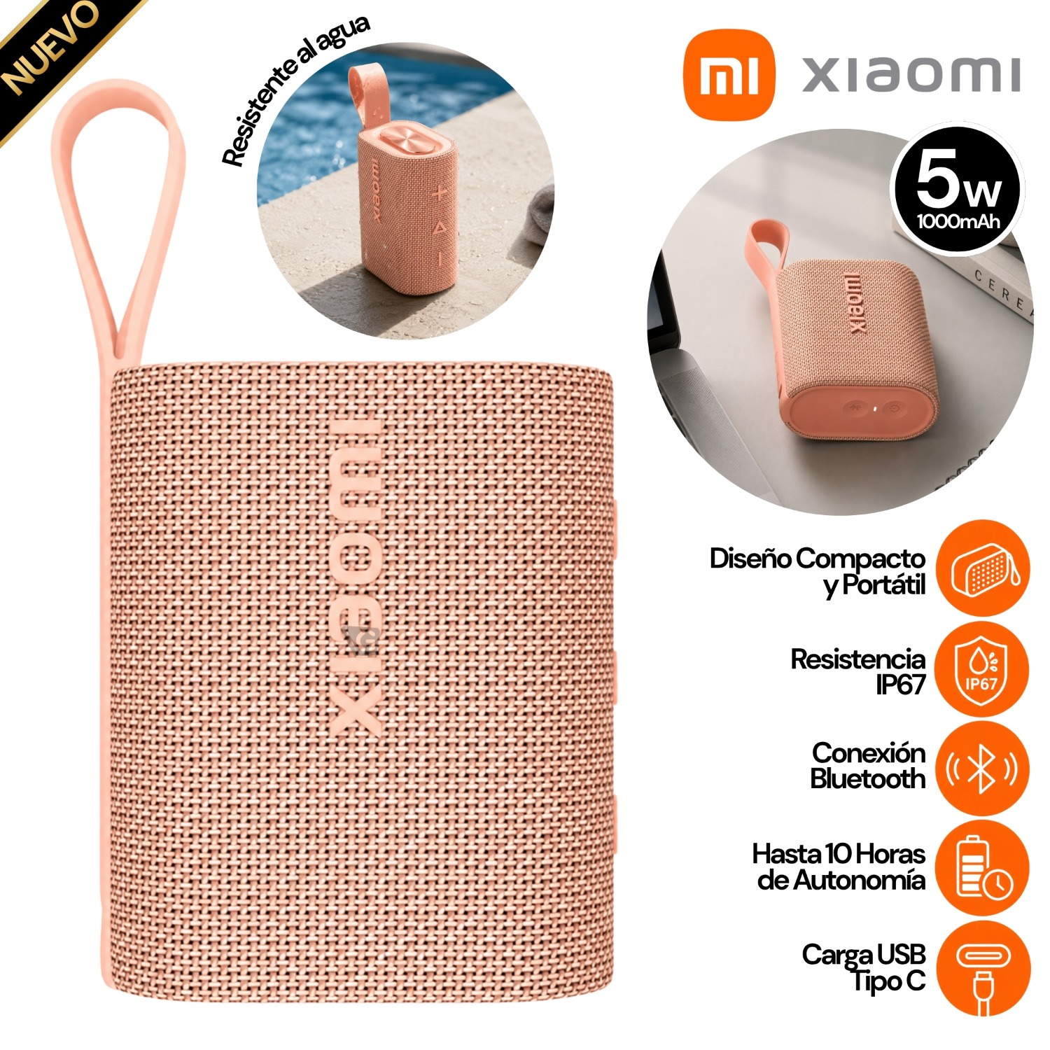 PARLANTE XIAOMI POCKET EDITION SONIDO DE ALTA CALIDAD 5W IP67 - ROSA MDZ-37-DB - 1
