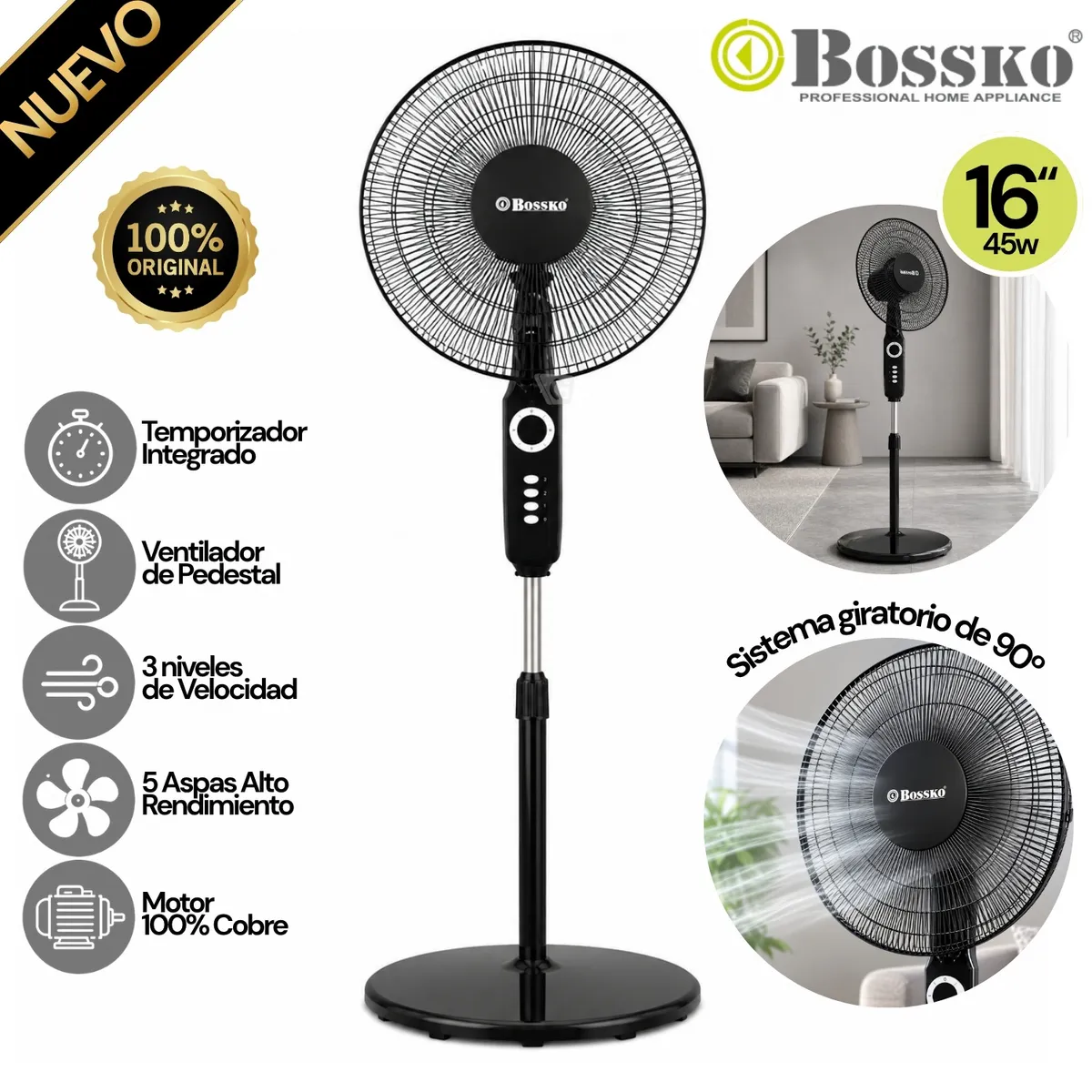 VENTILADOR DE PEDESTAL BOSSKO BK-8460VX DE 16' 3 VELOCIDADES - 1