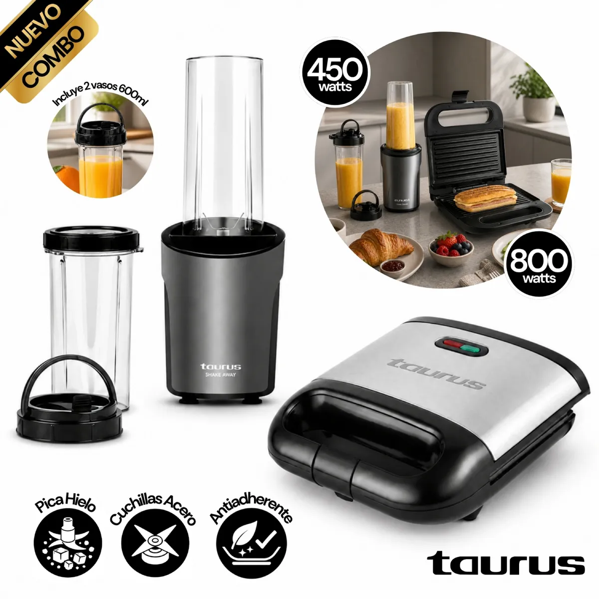 COMBO TAURUS MINI SHAKE AWAY 2.0 600ML + SANDWICHERA MYSANDWICH GRILL II - 1