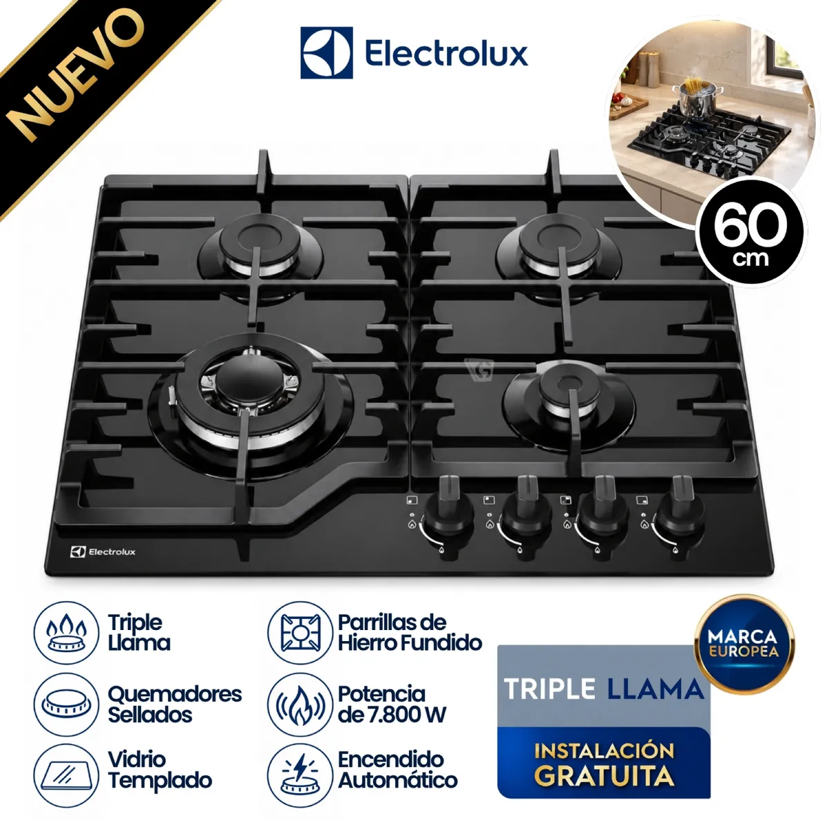 ENCIMERA A GAS 4 HORNILLAS 60CM MESA DE VIDRIO ELECTROLUX KE4CB - 1