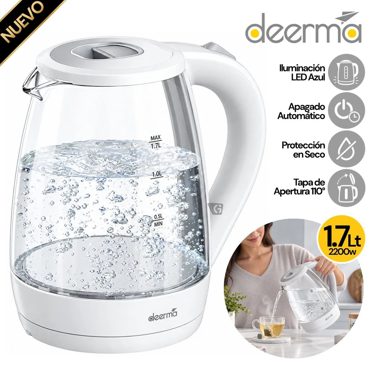 HERVIDOR ELÉCTRICO DE VIDRIO DEERMA 1.7 L DEM-SH30W - 1