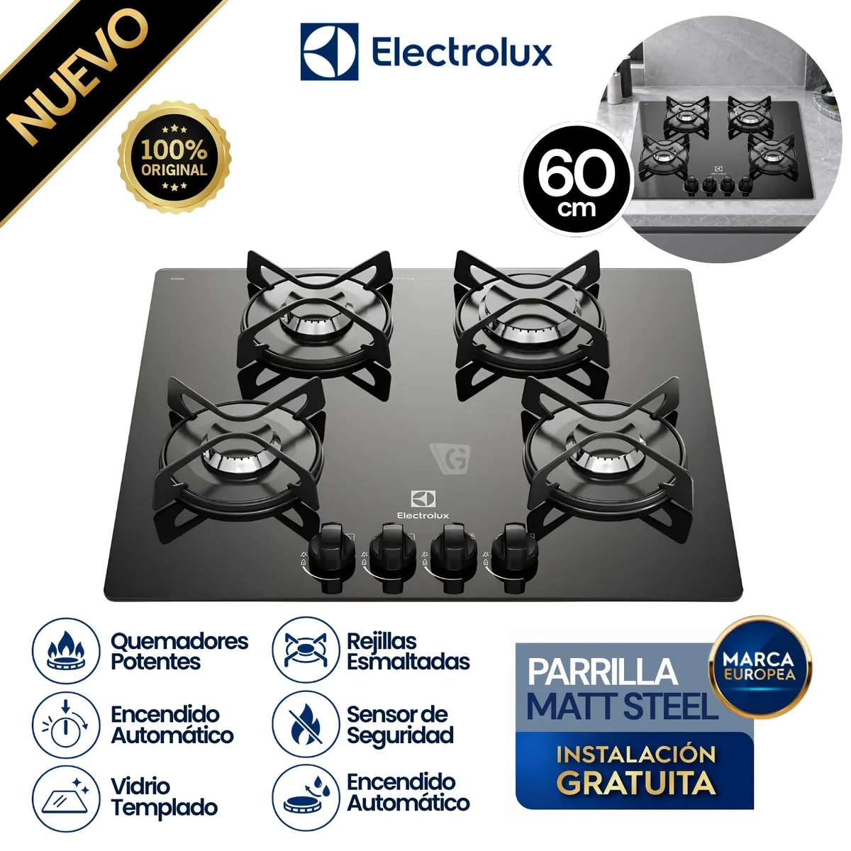 ENCIMERA EMPOTRABLE ELECTROLUX A GAS 4 QUEMADORES 60CM ETGZ24F0EPUB - 1