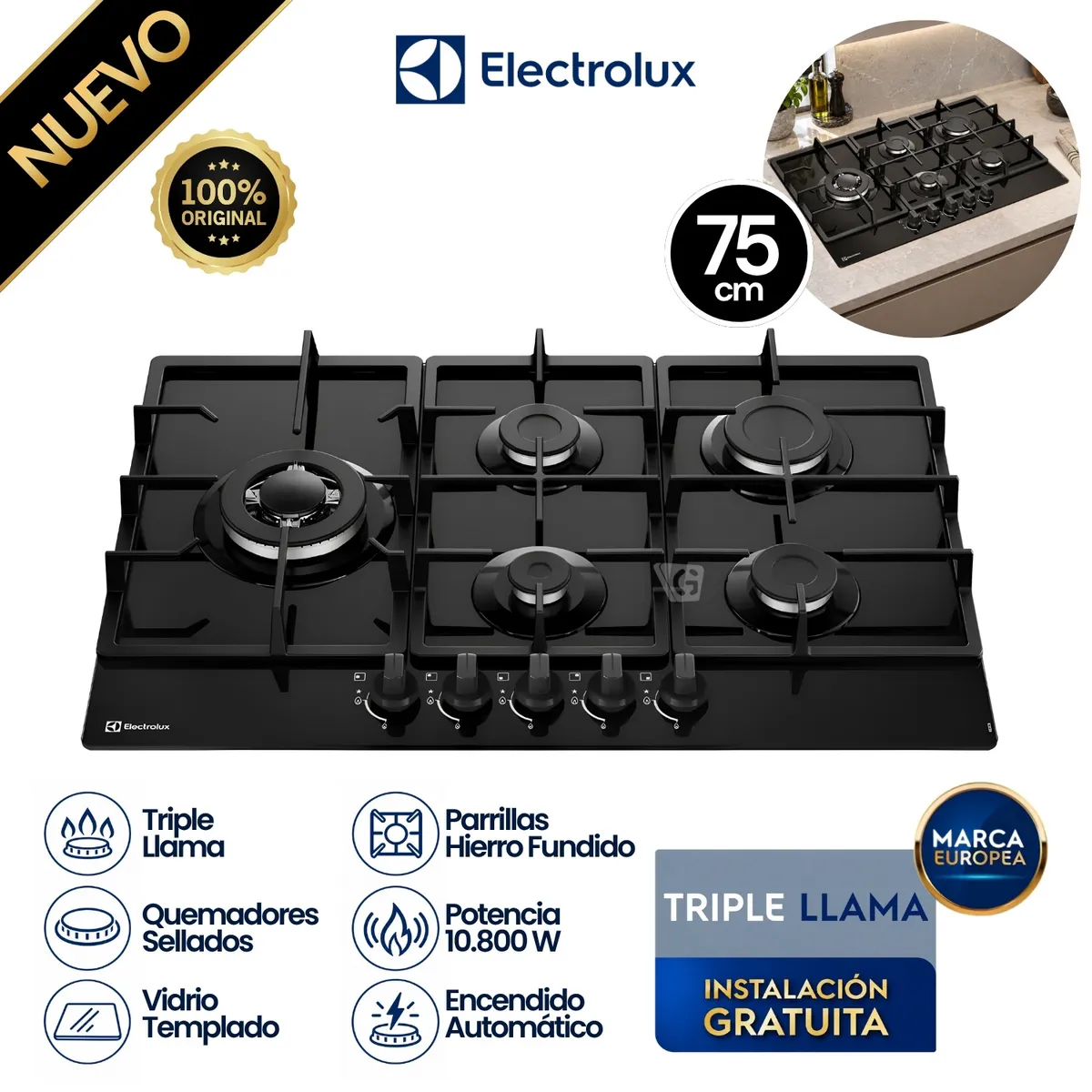 ENCIMERA A GAS 5 HORNILLAS 75CM MESA DE VIDRIO ELECTROLUX KE5CB - 1