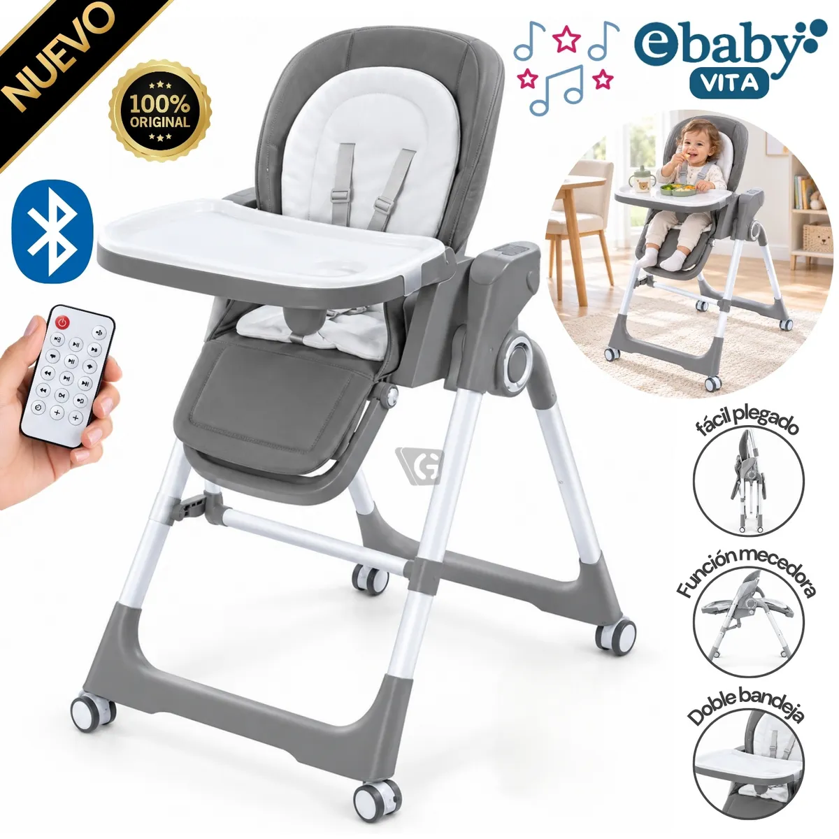 SILLA DE COMER ELÉCTRICA MULTIFUNCIONAL VITA (CÓD. EB644) - EBABY GRIS - 1