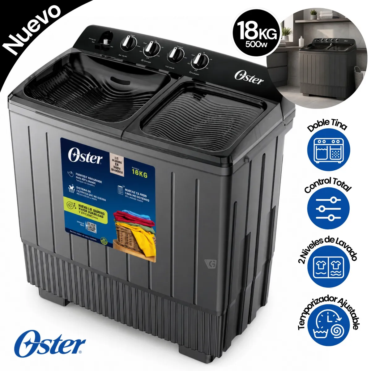 LAVADORA SEMIAUTOMÁTICA OSTER 18KG OS PSAWMX18B - 1