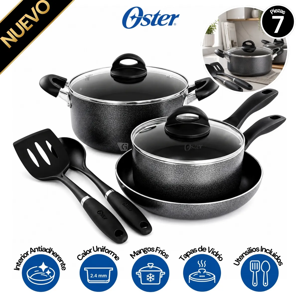 JUEGO DE OLLAS ALUMINIO ANTIADHERENTE 7 PIEZAS CLAIRBORNE OSTER GRIS - 1