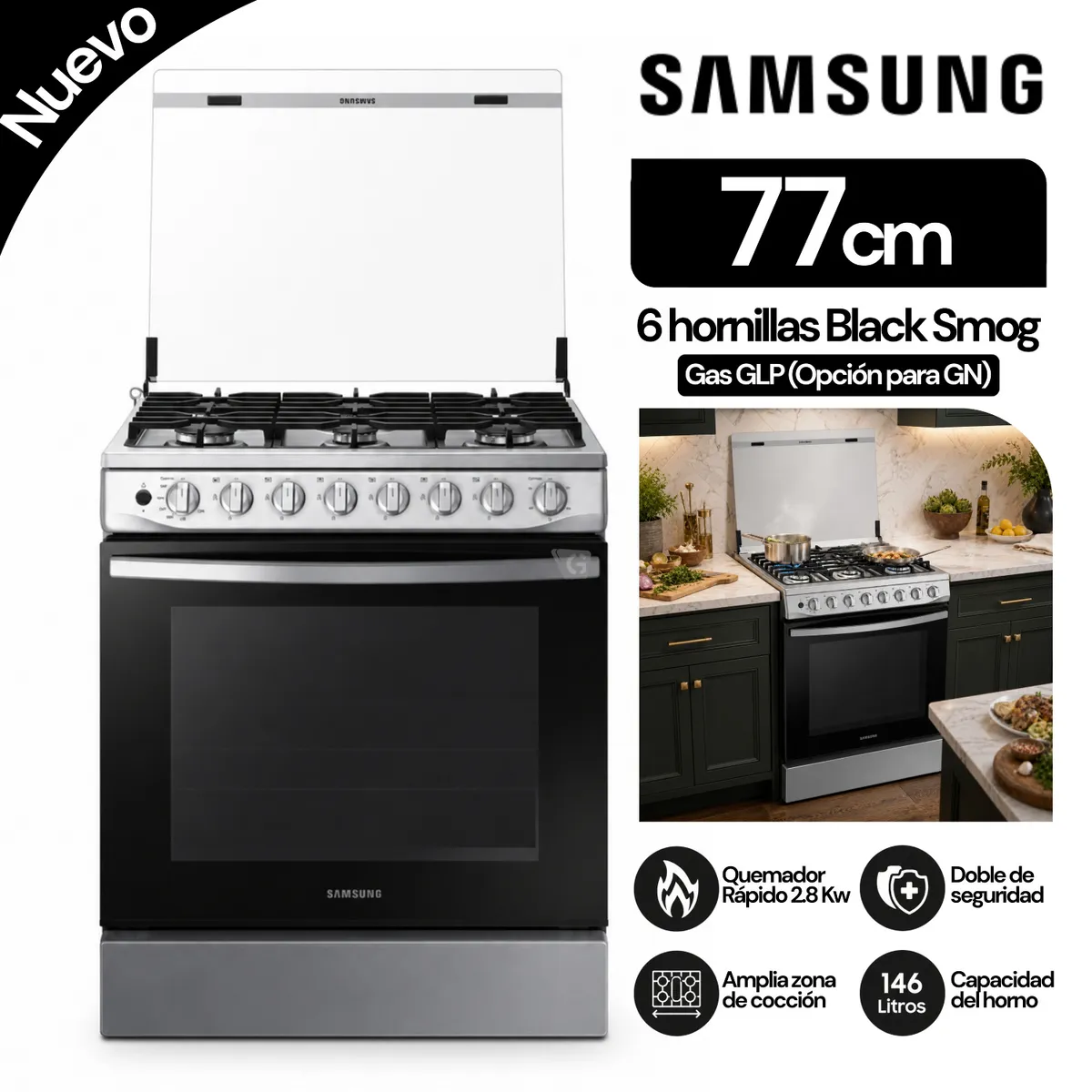 COCINA SAMSUNG A GAS, 6 HORNILLAS BLACK SMOG NX52T5311PS - 1