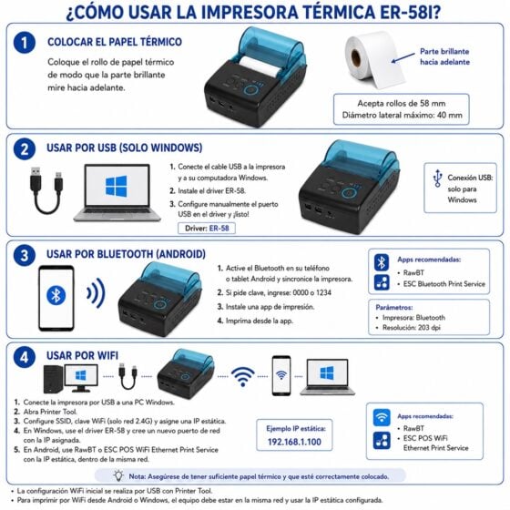 Impresora ticketera térmica portátil con batería 57mm 58mm USB Bluetooth WIFI ER-58I imprime yape - 2