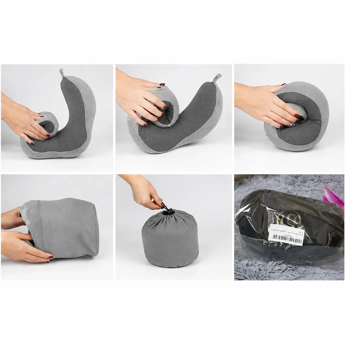 Kit viaje: cojín cuello color GRIS, espuma viscoelástica + tapaoídos + tapaojos + bolsa cierre cordón. - 4